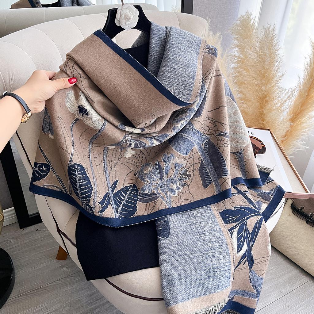 Women's Autumn & Winter Elegant Double-Sided Print Pashmina Scarf - Warm Fringed Shawl, Outdoor Cold-Resistant Windproof Blanket