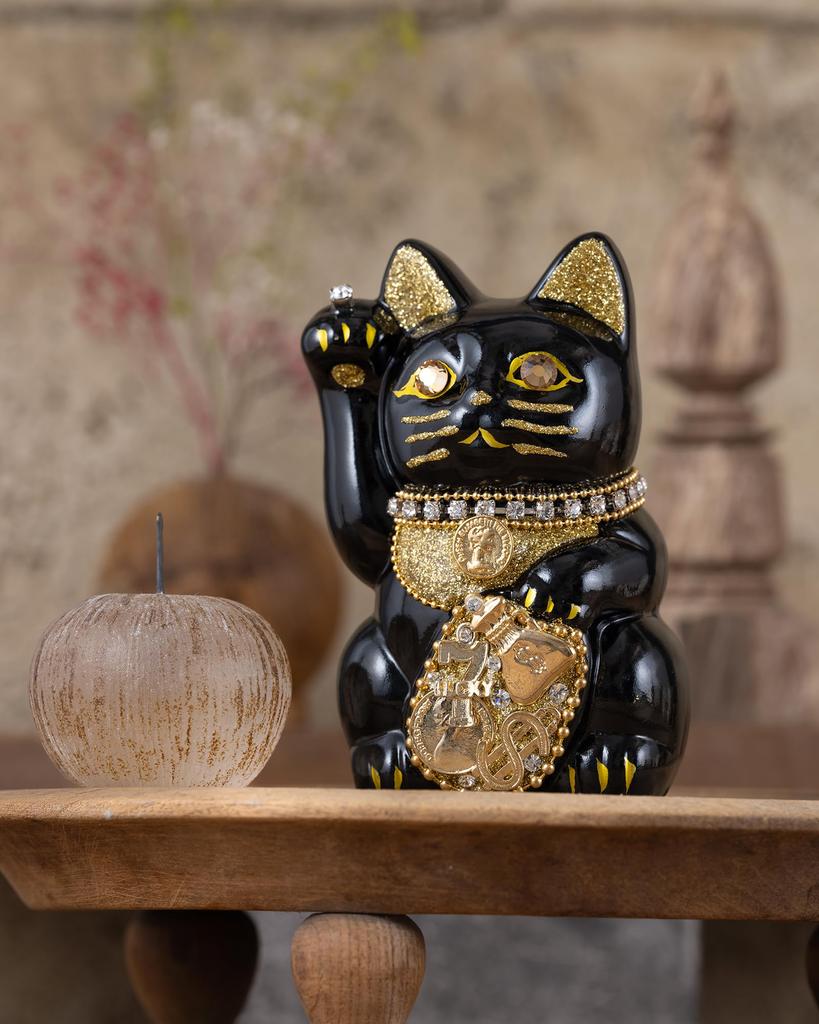 Счастливый кот Миллионер Кот-правая рука Счастливый кот Манеки Кот Счастливый фэн-шуй Украшение Коробка для пожертвований (S-РАЗМЕР Черный) Поднятый/Керамика_Счастливый (ml_S Черный)