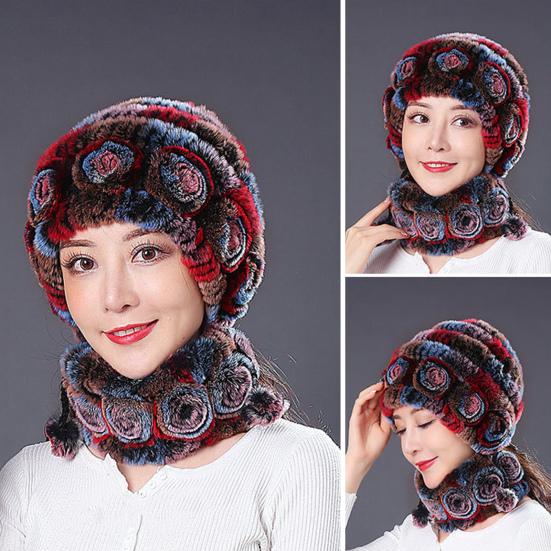 Women Winter Hat with Integrated Scarf Thick Warm Faux Rex Rabbit Fur Flower
