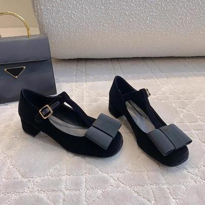 Кожаный бархат французский круглый носок Т-образный ремешок Мэри Джейн туфли-лодочки женские 2025 весна новая толстый каблук бант женская обувь