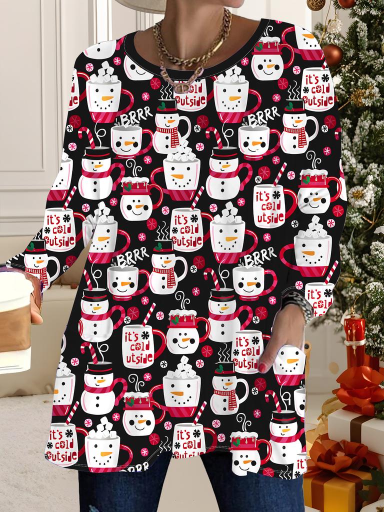 2025 Autumn Winter New Plus Size Women's Tops, Christmas 3D Print Fashion Crew Neck Long Sleeve T-Shirts