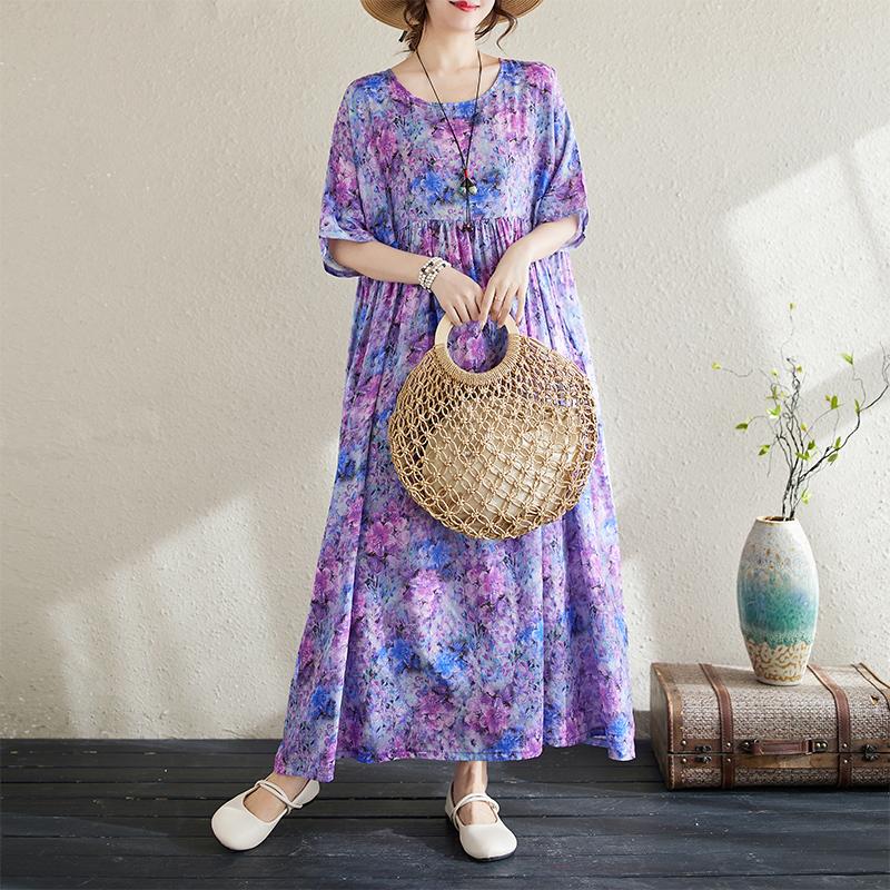 Dimanaf 2024 Большие размеры, летнее новое длинное платье, пляжное женское платье с круглым вырезом и цветочным принтом, праздничная мода, повседневное свободное женское платье 650