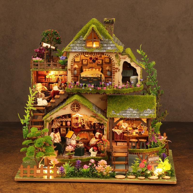 DIY Miniature House Forest Adventure Set Tiny House Model with Dollhouse & Bookshelf Creative Birthday Gift for Friends & Adults