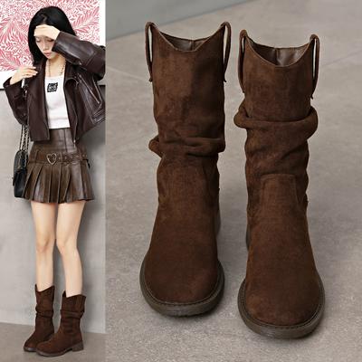 Модные Роскошные Женские Плиссированные Ботильоны на Высоком Каблуке Осень Новые С Острым Носком Коричневые Ковбойские Сапоги Женские Ботильоны из ПУ Кожи
