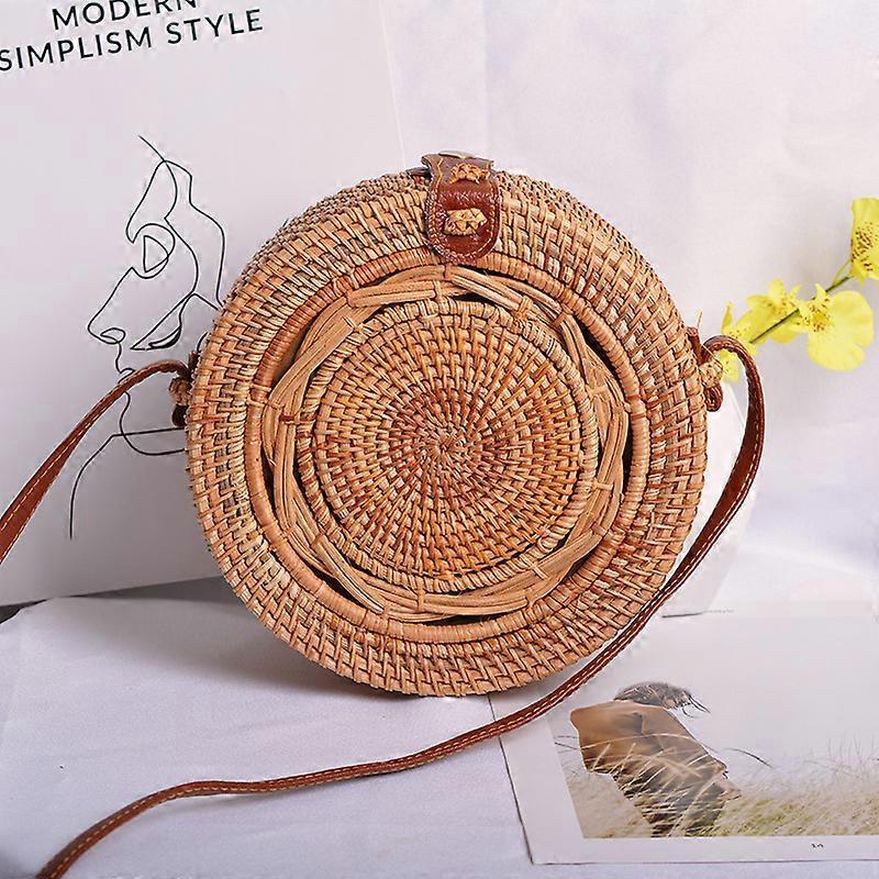 Handwoven Round Rattan Bag Shoulder Leather Straps Natural Chic H