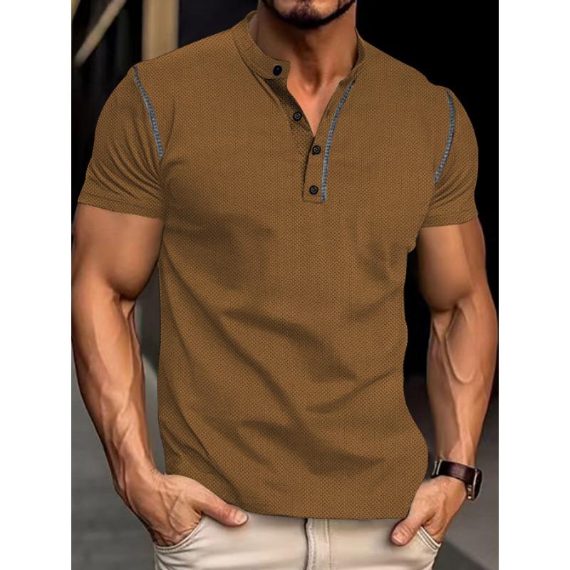 Men's Brown Textured Henley T-Shirt, Casual Short Sleeve Contrast Stitch Button Placket Top