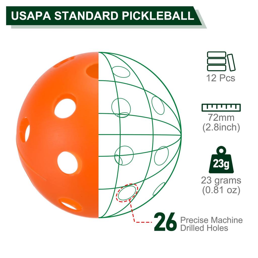 Мячи для пиклбола PATIKIL Outdoor Pickleball 26 лунок, упаковка 12 штук, оранжевые, для любительского спорта в помещении и на открытом воздухе