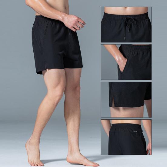 Мужские летние спортивные шорты с эластичной завязкой на талии и карманами на молнии, повседневные шорты, сплошной цвет, широкие пляжные шорты из ледяного шелка