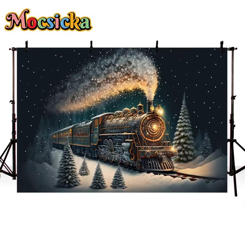 Mocsicka Christmas Train Background Photography Winter Snow Tree Decoration Baby Family Photo Backdrop Studio Party Props Banner