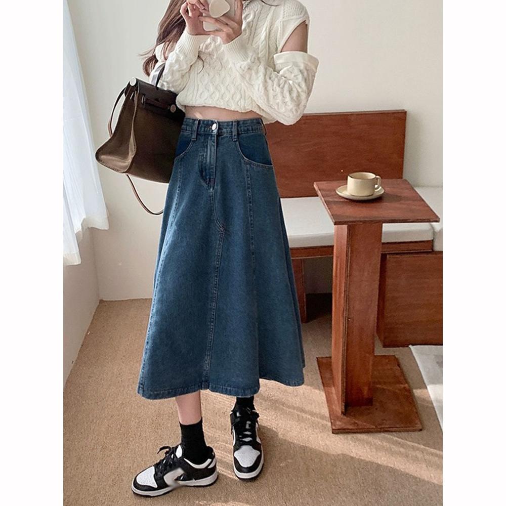 Шикарные плиссированные джинсовые юбки весна-осень с высокой талией длинные женские прямые свободные джинсовые юбки миди
