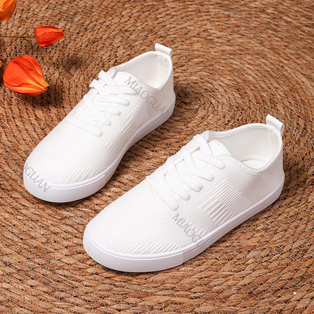 Summer New Flat Bottom Lace-up Mesh Canvas Flats Breathable Lightweight Casual Board Shoes Lace-up Large Size White Single Shoes