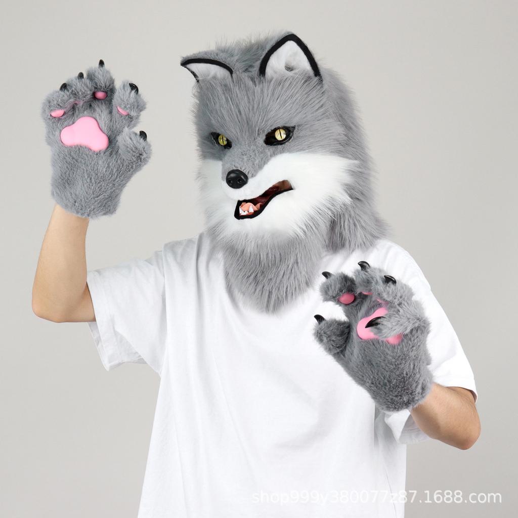 Halloween canine big bad wolf beast head hood and claw suit cos costume role play