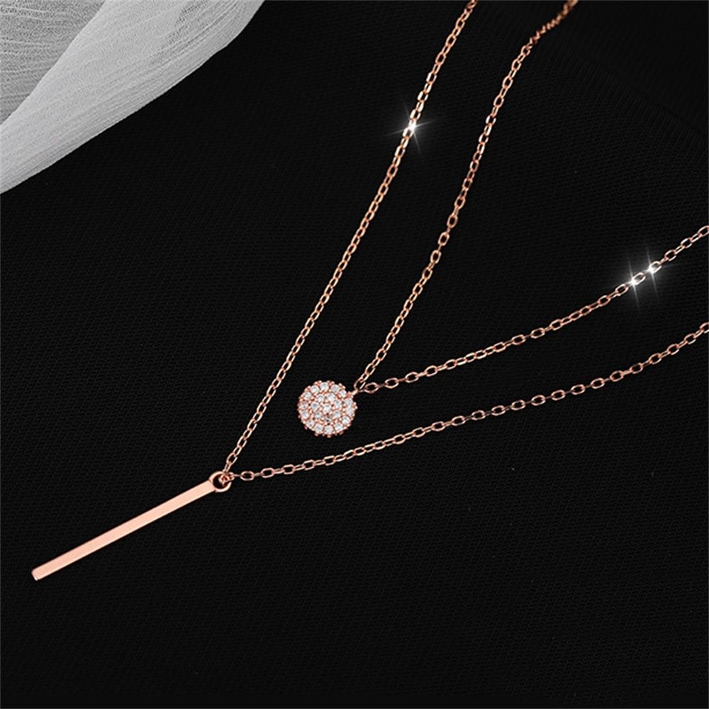 Zircon Round Shiny Rose gold 925 Sterling Silver Long Pendant Clavicle Chain Double Layer Necklace