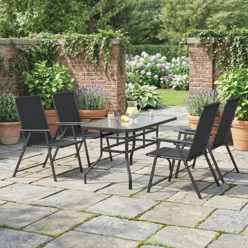 Folding Garden Chairs Set of 4, Outdoor Dining Chairs with Wide Texteline Seat, High Back and Armrests, Black