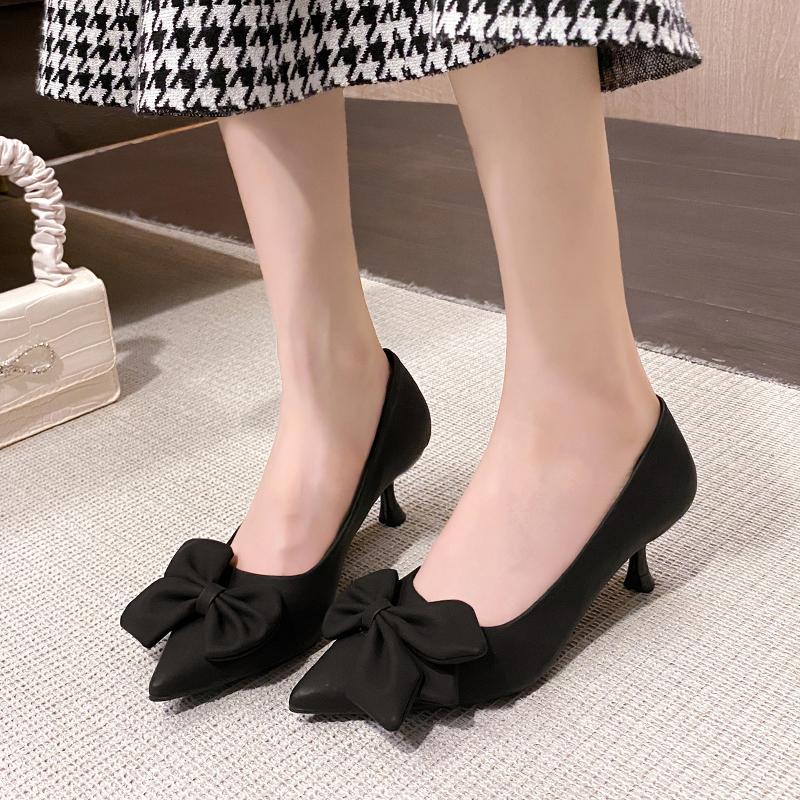 Fashion Thick-heeled Single-shoe Women in 2025, Comfortable, Shallow Mouth, Versatile, Low-heeled, Bow, Pointed Toe, Fashionable