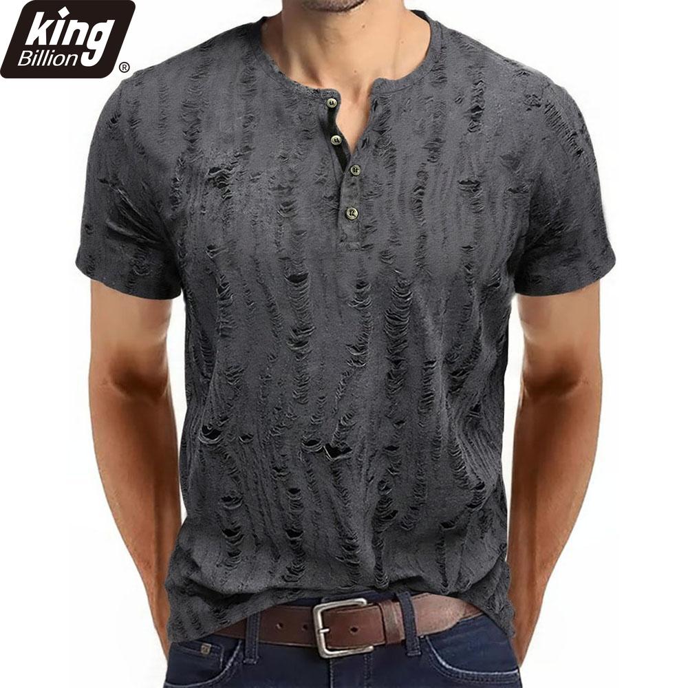 Мужская футболка с коротким рукавом, рваная, ретро, мужская мода, рубашка-henley, мужские повседневные модные топы, приталенный крой