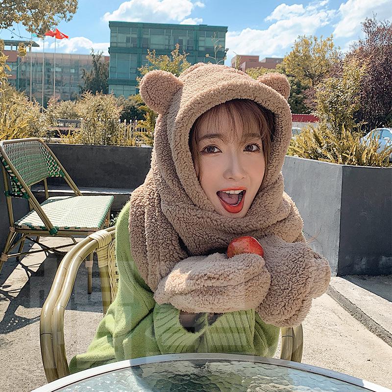 Комплект шапок и шарфа в стиле Дженни с медведем: Женский теплый плюшевый осенне-зимний галстук для студентов