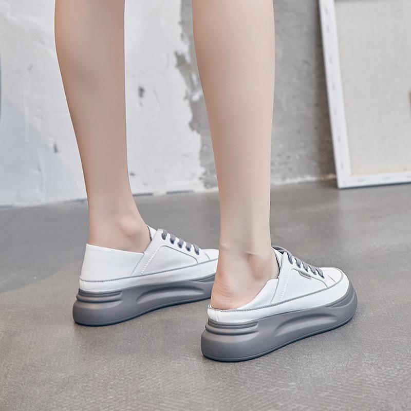 Two Wearing Little White Shoes Women's Spring New Trendy Shoes Soft Leather Lace-up Shallow Mouth Shoes Thick Sole Height Increase Casual Shoes