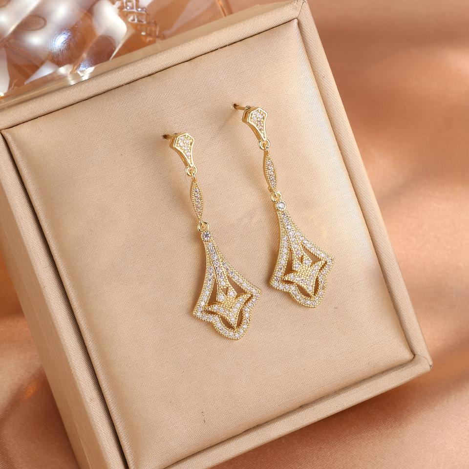 ZAKOL New Gold Color Super Shining Zircon Dangle Earrings for Women Shining CZ Luxury Bridal Wedding Party Zircon
