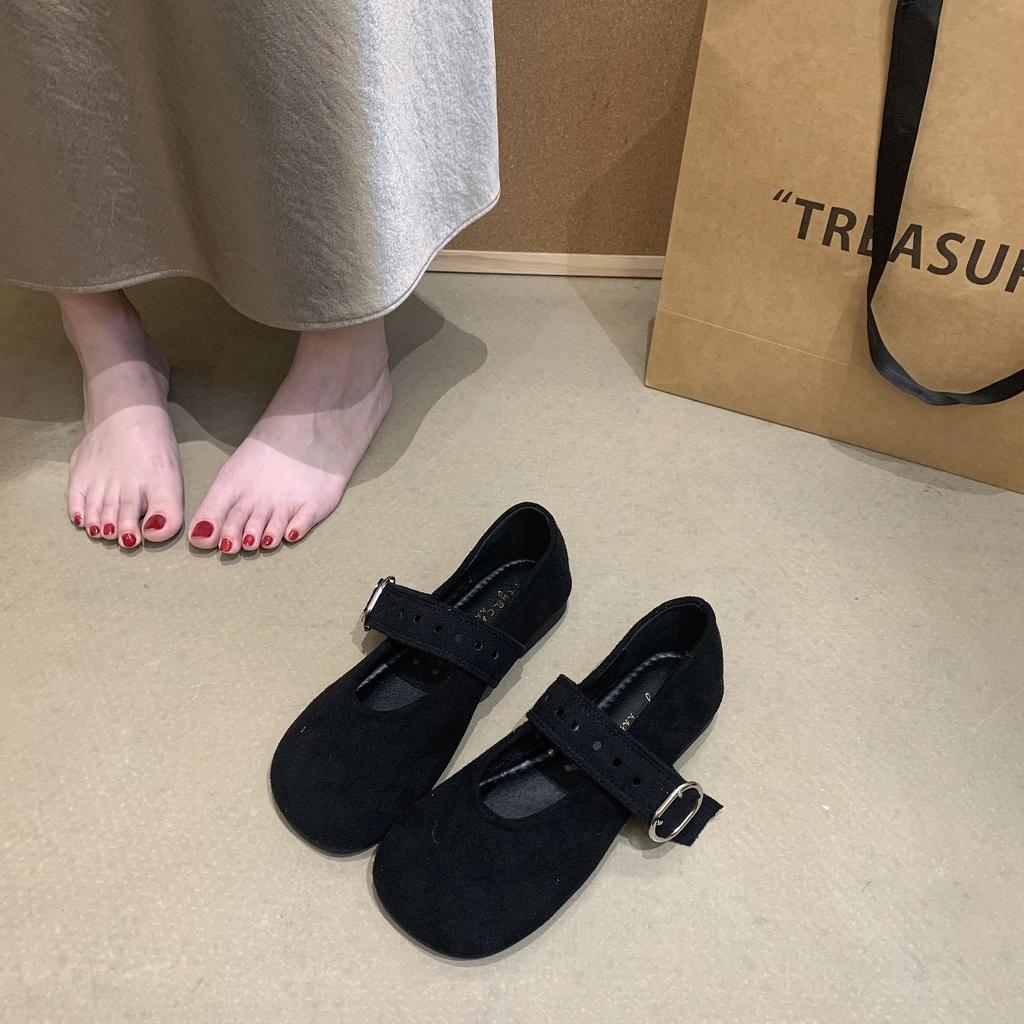 Korean Version of Round Head Suede One-word Strap Single Shoes Women's 2025 New Autumn Covered Ancient Leopard Print Velvet Mary Jane Small Le