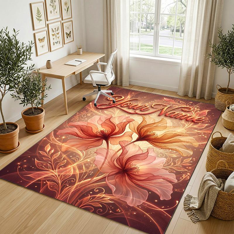 Floral Garden Theme Crystal Velvet Rug Personalized Custom Name Text Soft Floor Mat Home Decor