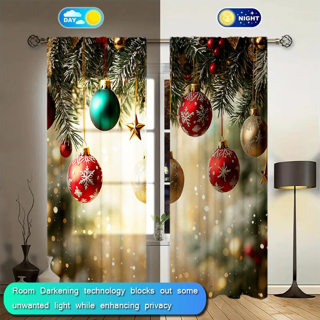 2pcs Beautiful Christmas Lights Printed Curtain for Home Decor - Rod Pocket Window Treatment for Bedroom, Office, Kitchen