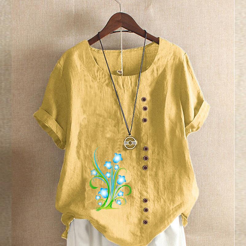 Women's Fashion Flower Prined Round Neck Short Sleeve T-shirt Casual Cotton Linen Graphic Shirt Leisure Loose Summer Blouse Tops Plus Size