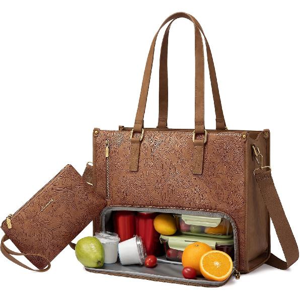 LOVEVOOK Lunch Tote Bag for Women, 17.3 Inch Laptop Bag with Insulated Lunch Compartment, Quilted Large Capacity Computer Handbag with Purse for
