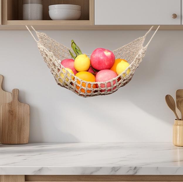 Large Macrame Fruit Hammock for Kitchen Under Cabinet Hanging Fruit Basket with 4 Hooks Handwoven Cotton Storage Net That Saves Counter Space