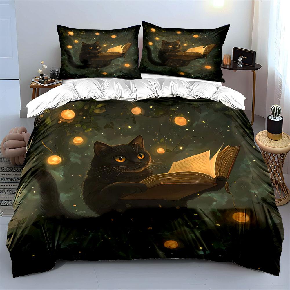 "Cat Reading Light Decoration Set" Bedding Set with 1 Duvet Cover 2 Pillowcases Single Double King Queen, Gift