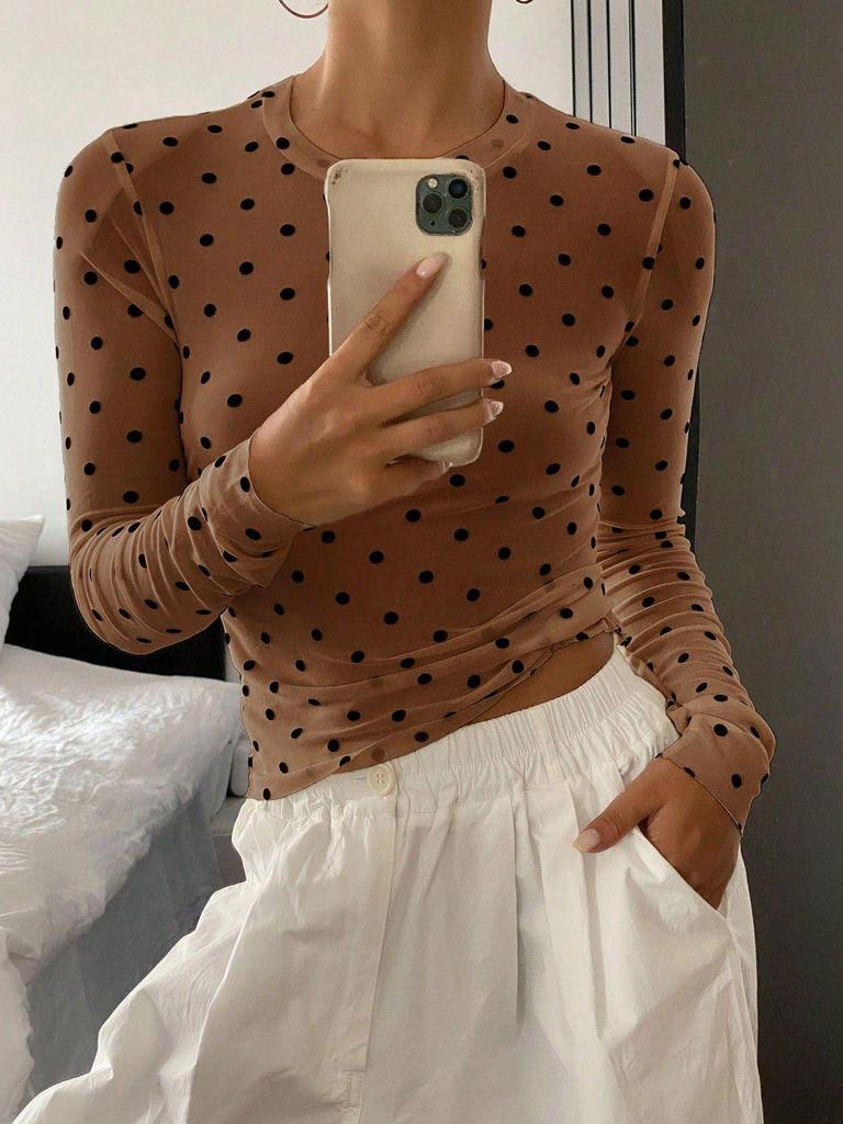 Cross-border Women's Polka Dot Mesh Slimming Long Sleeve Top