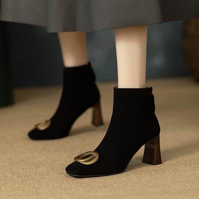 Европейские и американские ботильоны на толстом каблуке с квадратным носком, металлической пряжкой, задней молнией, на высоком каблуке, тонкие ботинки Мартин, ретро матовые ботильоны на высоком каблуке