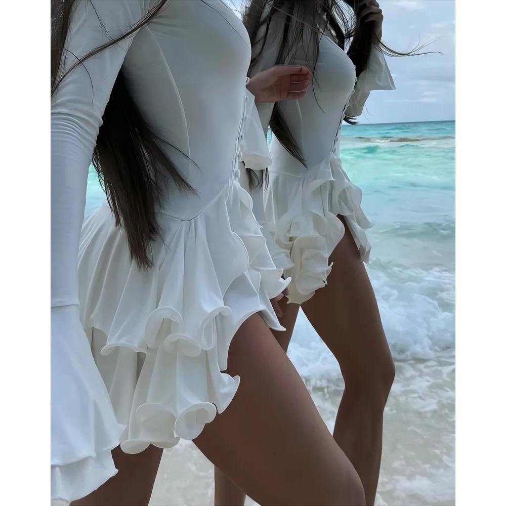 Женское облегающее мини-платье А-силуэта с оборками по подолу и V-образным вырезом, асимметричные пуговицы, длинное рукава, короткое платье, наряды для вечеринок и улиц