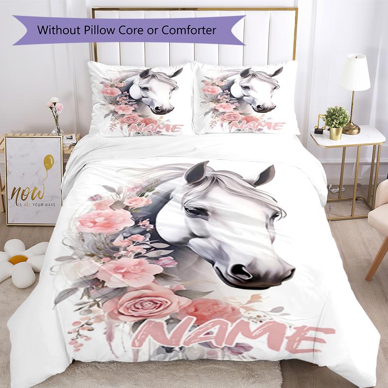 3pcs Custom Name Horse Bedding Set Duvet Cover Closure Includes 1 Duvet Cover & 2 Pillowcases, Soft and Comfortable for All Seasons.