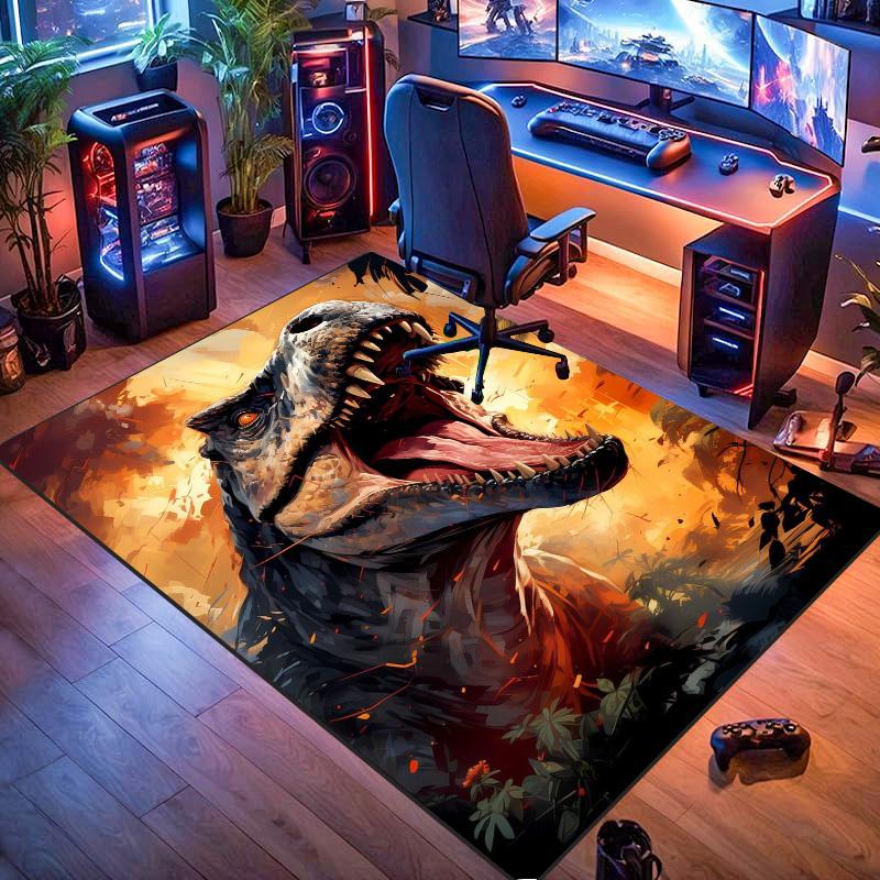 T‑Rex Dinosaur Art Painting Print Area Rug Non‑Slip Rectangular Floor Mat Prehistoric Beast Decor Rug for Gaming Room Bedroom Living Room