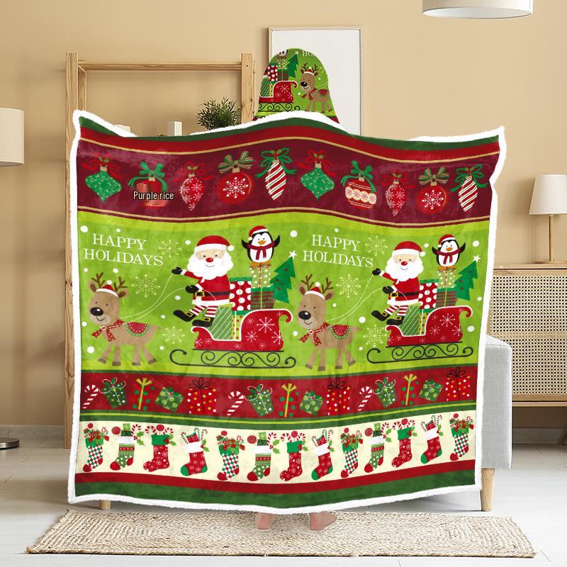 Christmas Festival Wearable Hooded Flannel Blanket Shawl
