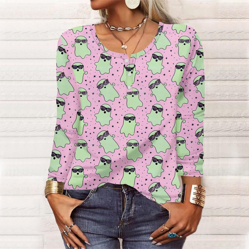 Рубашки с длинным рукавом для женщин, Хэллоуин с рисунком и графическим принтом, футболки, блузки, повседневные базовые топы больших размеров, пуловер