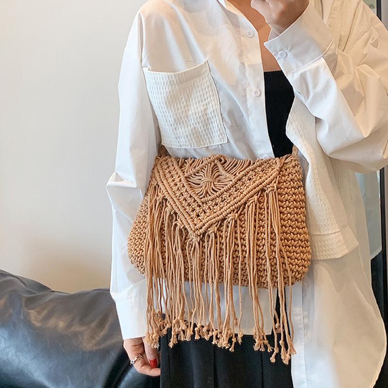 Fashion Casual Cotton Bag Hollow Tassel Beach Bag Flap Hand Woven Bag Cotton Rope Shoulder Crossbody Bag For Women