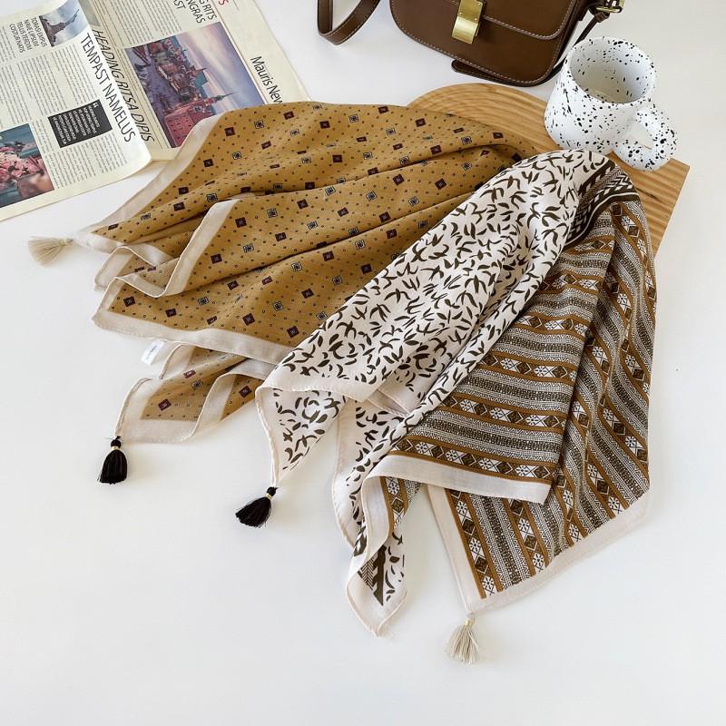 Vintage Brown Herringbone Square Scarf Women With Tassel Pendant Print Fashion Accessory Lightweight Wrap