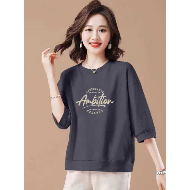 Foreign Trade Clearance 100% Cotton round Neck T-shirt 3/4 Sleeve Loose Slimming Cover Meat Western Style Light Color Spring and Summer Women's Top