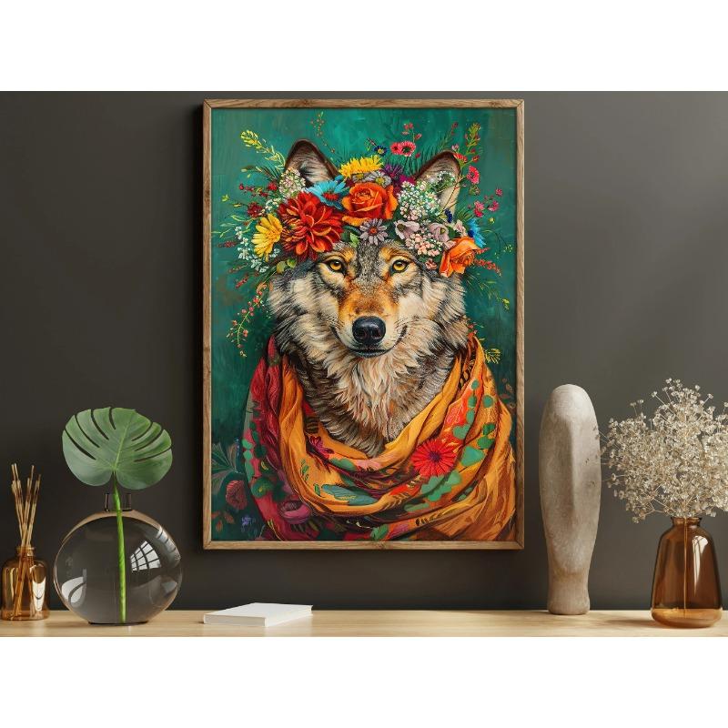 Vintage Maximalist Floral Animal Painting Golden Retriever Lion Owl Peacock Raccoon Wolf Canvas Print Decorations for Wall Art