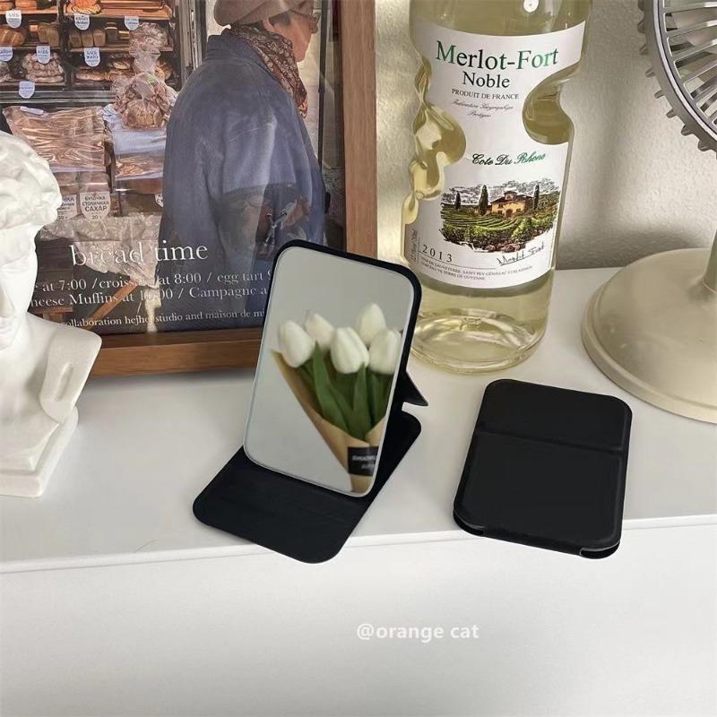 Mini Makeup Mirror Elegant Foldable Desktop Portable Mirror PU Leather Handheld Perfect Pocket Gift for Dorms Daily Cosmetic Use
