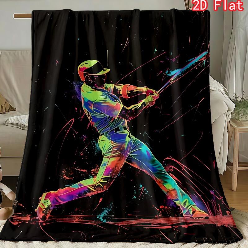 Neon Baseball Player Print Flannel Blanket, Colorful Sports Throw for Bed Sofa Couch, Soft Cozy Lightweight All Season Cover