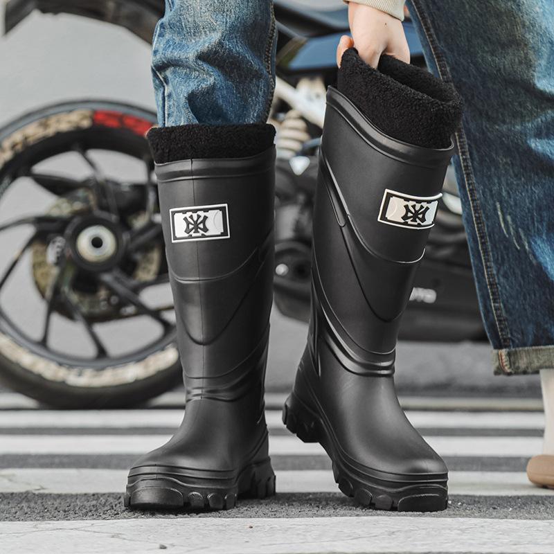 High Tube Rain Shoes Men's Non-slip Waterproof Fashion Medium Tube Rain Boots Warm Rubber Shoes Kitchen Work Long Tube Water Shoe Cover Shoes