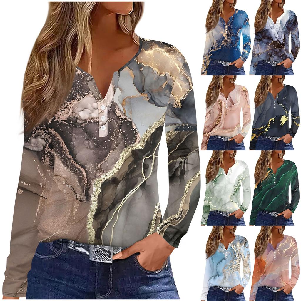 Женская модная повседневная футболка с v-образным вырезом и градиентным принтом, с длинными рукавами и декоративными пуговицами, топ