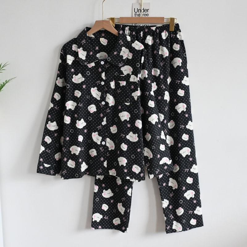 Womens Cotton Pajama Set Long Sleeve Button-Up Top With Pants Cartoon Print Comfortable Home Wear Fall Winter