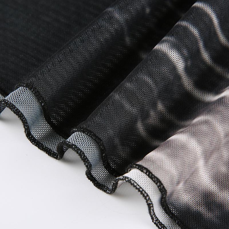 Модные тонкие сетчатые топы с абстрактным принтом и длинными рукавами и круглым вырезом, короткий кружевной женский топ