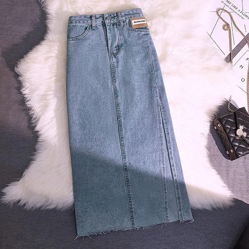 Pocket Denim Skirt Female Loose Design Sense Side Split High Waist Thin Burlap Bustier Skirt Female Versatile Comfortable Fashion Denim Bustier Skirt