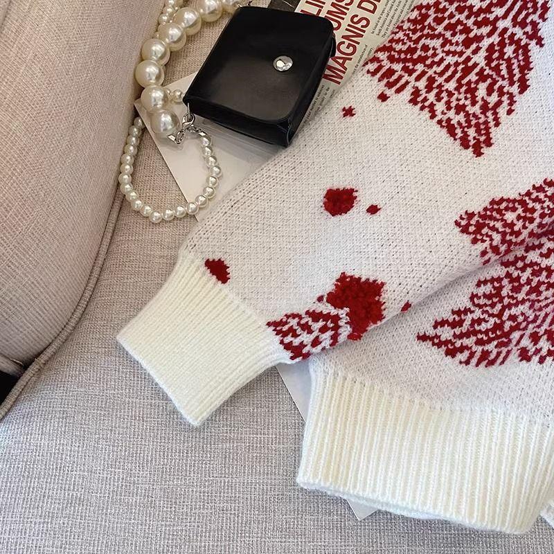 Sweater Women's Christmas Red New Round Neck Color Matching Jacquard Knitted Sweater To Keep Warm