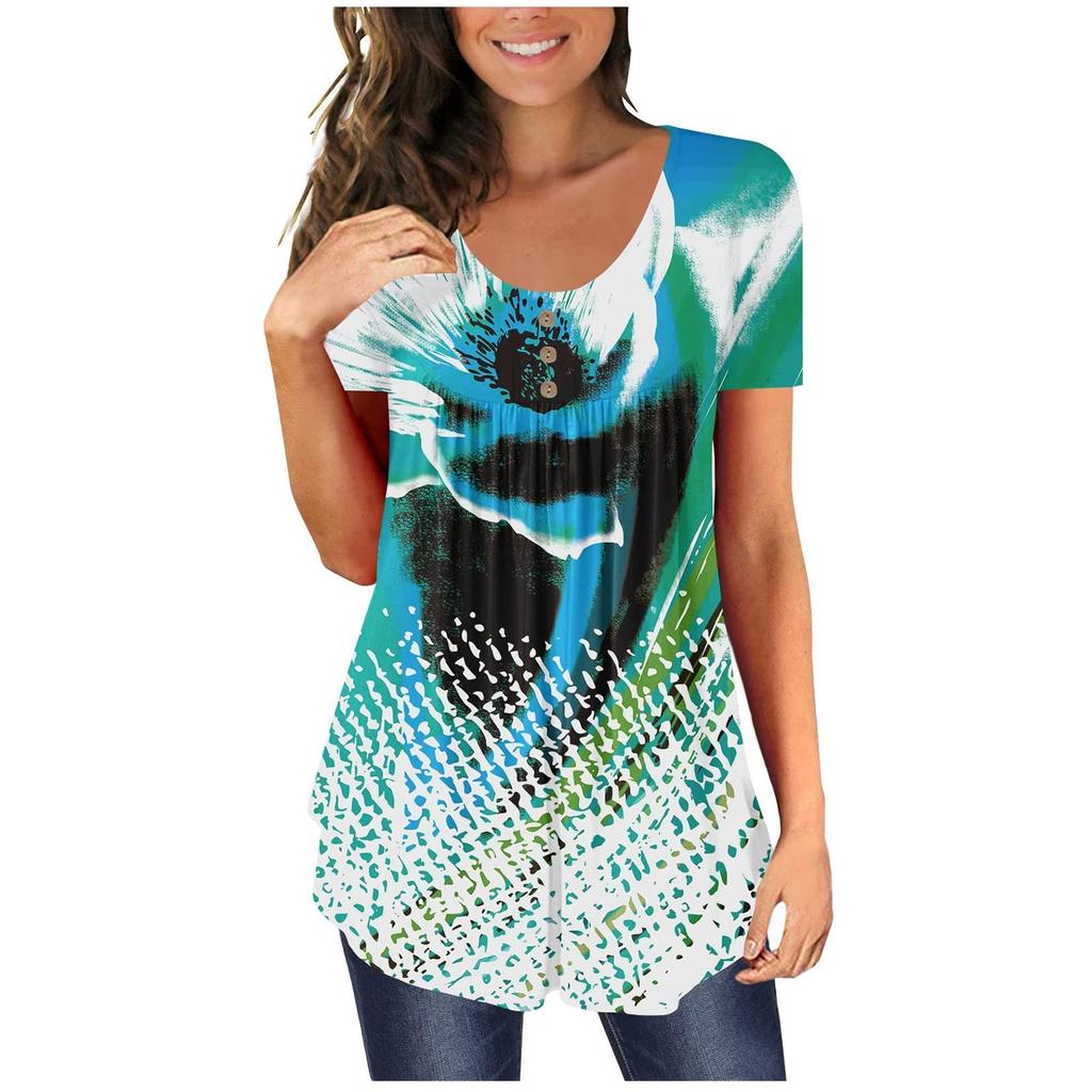 Женская туника с коротким рукавом, свободные топы, повседневные топы больших размеров, плиссированные футболки-туники на пуговицах